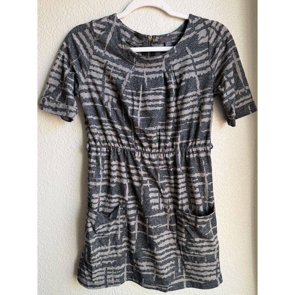 XXI Forever 21 Gray Taupe Abstract Mini Dress Small Pockets Exposed Zipper